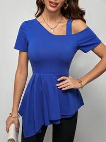 SHEIN Clasi Áo thun nữ Bất đối xứng Viên lá sen màu trơn Giải trí - Màu xanh lam - Xem 4