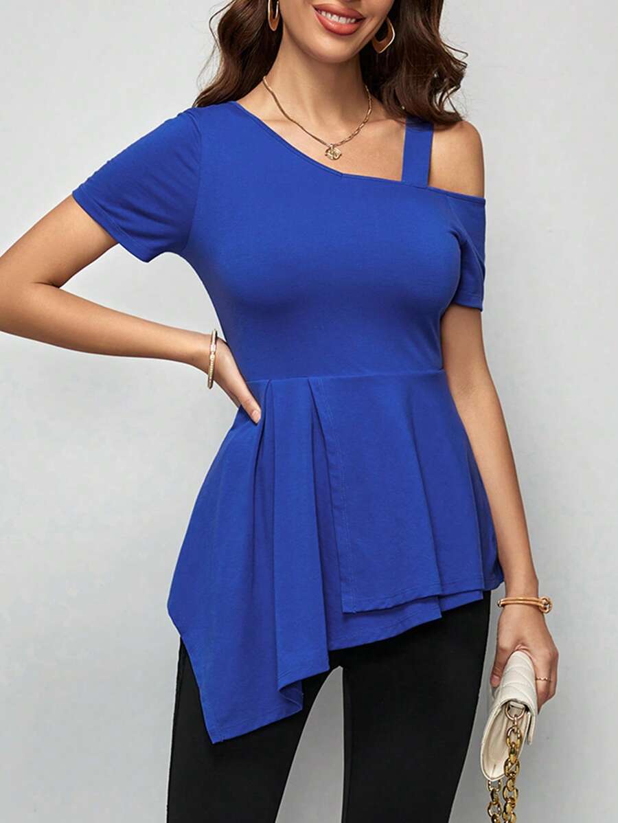 SHEIN Clasi Áo thun nữ Bất đối xứng Viên lá sen màu trơn Giải trí - Màu xanh lam - Xem 1