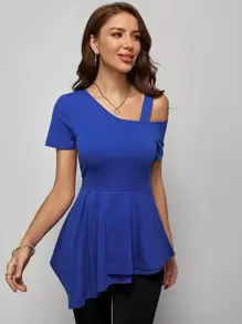 SHEIN Clasi Áo thun nữ Bất đối xứng Viên lá sen màu trơn Giải trí - Màu xanh lam - Xem 3