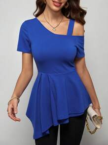 SHEIN Clasi Áo thun nữ Bất đối xứng Viên lá sen màu trơn Giải trí - Màu xanh lam - Xem 6