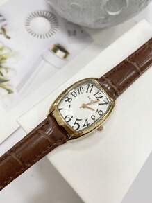 KEZZI 1入組女士鱷魚紋壓花棕色PU聚氨酯錶帶休閒方形錶盤石英手錶適合日常生活 - 咖啡棕 - 查看 2