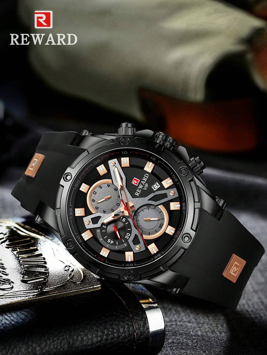 Đồng hồ thạch anh REWARD dành cho nam Dây đeo bằng silicon Phong cách thời trang doanh nhân Lịch hẹn giờ Kim phát sáng Đồng hồ đeo tay đa chức năng dành cho nam Quà tặng chất lượng cao Thiết kế cổ điển Dây đeo đồng hồ