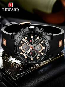 Đồng hồ thạch anh REWARD dành cho nam Dây đeo bằng silicon Phong cách thời trang doanh nhân Lịch hẹn giờ Kim phát sáng Đồng hồ đeo tay đa chức năng dành cho nam Quà tặng chất lượng cao Thiết kế cổ điển Dây đeo đồng hồ - màu đen - Xem 4