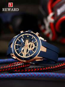 REWARD 1入組男士藍色矽膠錶帶時尚計時碼表防水字母圖形圓形錶盤石英手錶適合日常裝飾 - 藍色 - 查看 4