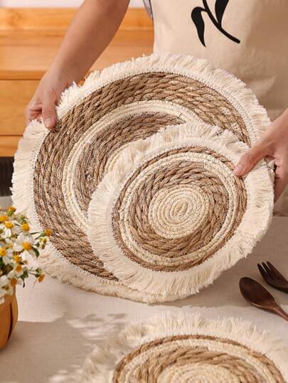 1pc Straw Coaster, Boho Woven Design Fringe Trim Drink Coaster For Dining Table