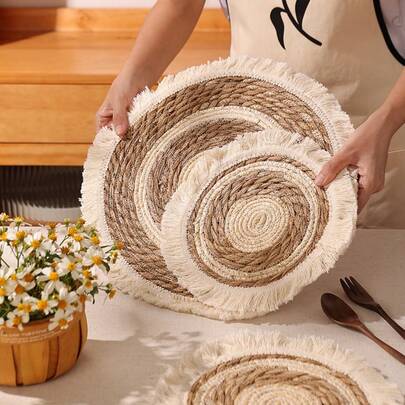 1pc Straw Coaster, Boho Woven Design Fringe Trim Drink Coaster For Dining Table
