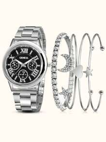 1入組女士銀色鋅合金錶帶時尚圓形錶盤石英手錶和4入組手鍊可作為禮物 - 銀色 - 查看 1