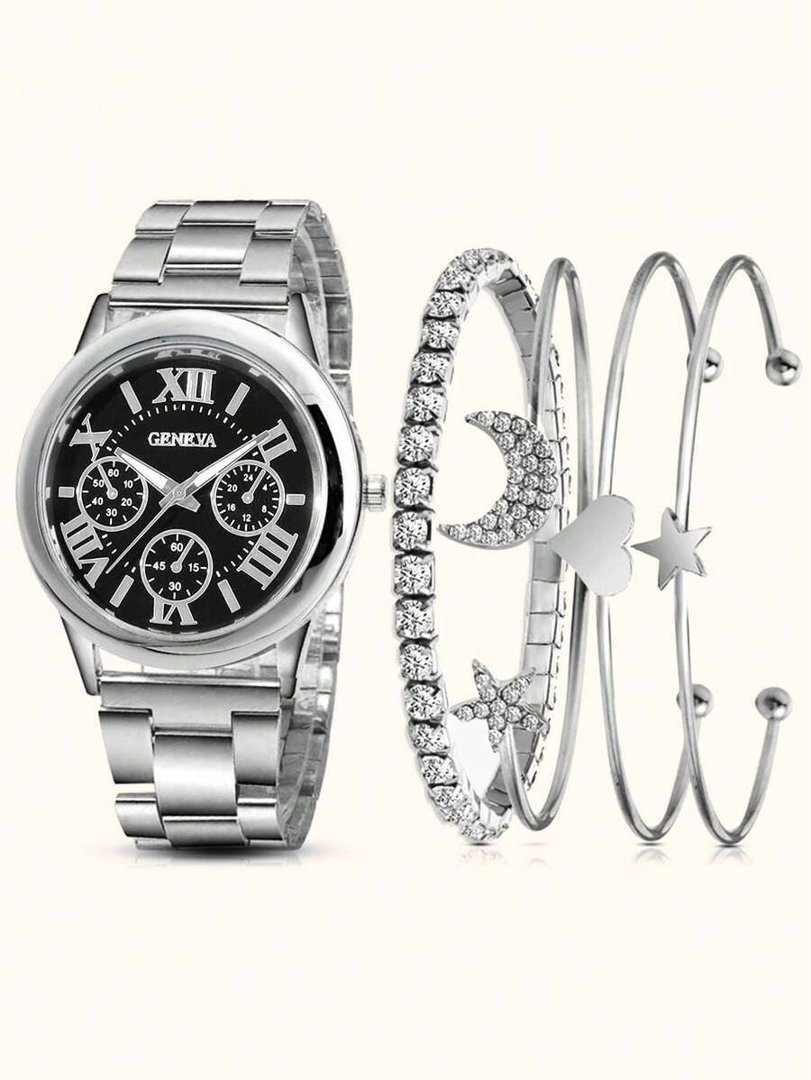 1入組女士銀色鋅合金錶帶時尚圓形錶盤石英手錶和4入組手鍊可作為禮物 - 銀色 - 查看 1