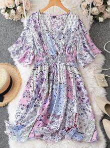 SHEIN Clasi Vestido con estampado floral de cuello cruzado de manga mariposa - Multicolor - Ver 1