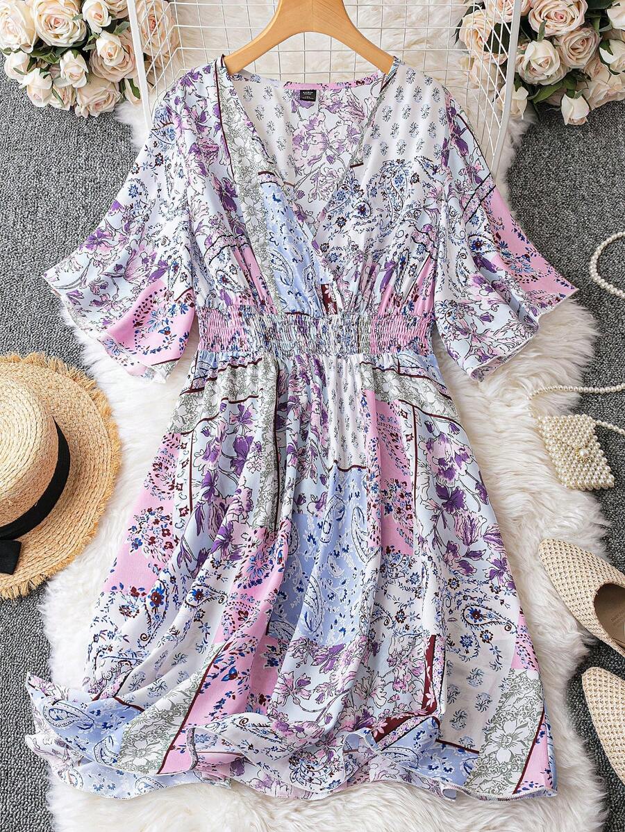 SHEIN Clasi Vestido con estampado floral de cuello cruzado de manga mariposa - Multicolor - Ver 1