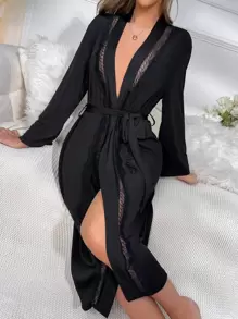 Lace Insert Belted Robe - Black - View 1