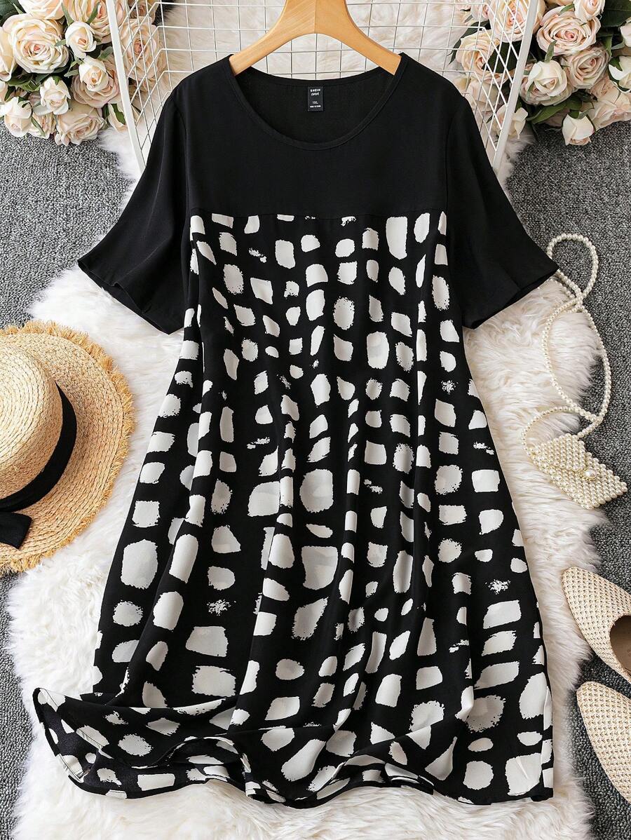 SHEIN LUNE Vestido estilo camiseta con estampado geométrico - Negro - Ver 1