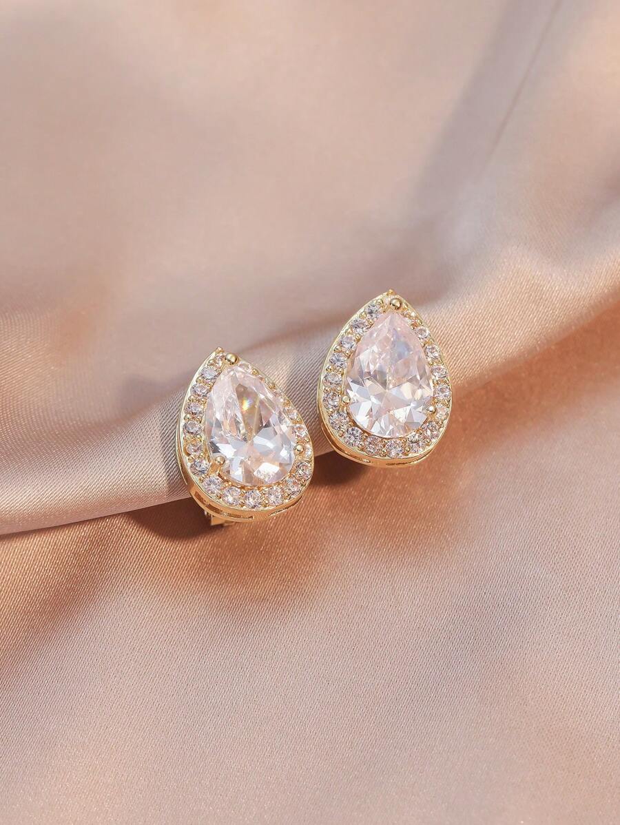 1對魅力四射方晶鋯石水滴裝飾夾式耳環適合女士日常裝飾適合派對宴會婚禮 - 金黃色 - 查看 1