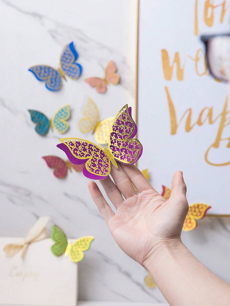 12 Miếng Dán Bướm Sáng Tạo 3D Hai Lớp Lấp Lánh, Giấy Dán Tường Trang Trí Trang Trí Nhà - Nhiều màu - Xem 1