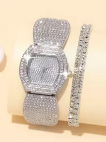 1pc Women Silver Zinc Alloy Strap Glamorous Rhinestone Decor Geometric Dial Quartz Watch & 2pcs Bracelet, For Party Holiday As A Gift For Students Returning To School - Silver - View 3