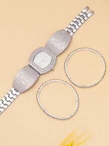 1pc Women Silver Zinc Alloy Strap Glamorous Rhinestone Decor Geometric Dial Quartz Watch & 2pcs Bracelet, For Party Holiday As A Gift For Students Returning To School - Silver - View 5
