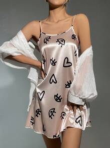 眼睛和愛心圖案緞面吊帶睡裙 - 淺粉色 - 查看 1