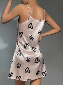 眼睛和愛心圖案緞面吊帶睡裙 - 淺粉色 - 查看 2