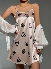 眼睛和愛心圖案緞面吊帶睡裙 - 淺粉色 - 查看 3