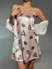 眼睛和愛心圖案緞面吊帶睡裙 - 淺粉色 - 查看 5