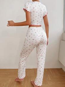 印花木耳邊睡衣套裝 - 白色 - 查看 2