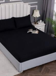 1pc Black Fitted Sheet, Minimalist Fabric Fitted Bottom Sheet For Home - Black - View 2