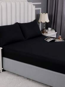 1pc Black Fitted Sheet, Minimalist Fabric Fitted Bottom Sheet For Home - Black - View 3