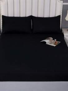 1pc Black Fitted Sheet, Minimalist Fabric Fitted Bottom Sheet For Home - Black - View 5