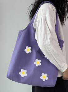 女士手提包，時尚桶型學生女士通勤購物單肩包，大容量，全季棉質純色花朵經典風格縫紉線正方形開口肩包桶袋 - 紫色 - 查看 1
