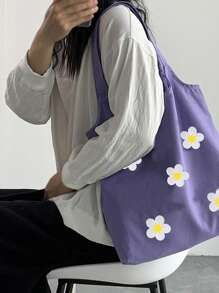 女士手提包，時尚桶型學生女士通勤購物單肩包，大容量，全季棉質純色花朵經典風格縫紉線正方形開口肩包桶袋 - 紫色 - 查看 4