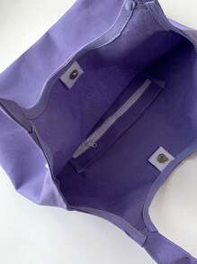 女士手提包，時尚桶型學生女士通勤購物單肩包，大容量，全季棉質純色花朵經典風格縫紉線正方形開口肩包桶袋 - 紫色 - 查看 5