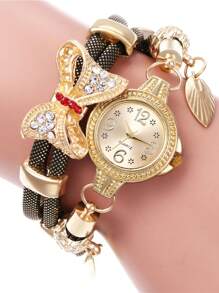 1入組黑色水鑽蝴蝶結裝飾亞克力時尚圓形錶盤石英表和4入組方晶鋯石水滴裝飾首飾套裝,適用於日常生活 - 黑色 - 查看 4