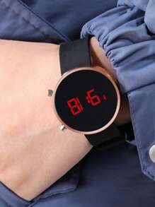 Women's Minimalist Black Silicone Strap Digital Electronic Watch, Round LED Display, Casual Sports Watch For Ladies And Students, Soft Rubber Band, Cute And Fashionable Watch Accessory - Black - View 6