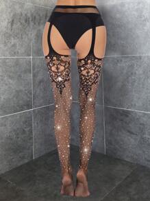 Đôi Tất Nữ Có Độ Đàn Hồi Cao Bốn Mặt Chạm Khắc Mở Đáy Quần Fishnet Với Kim Cương Giả Và Hoa Văn Jacquard (Không Bao Gồm Quần Lót), Nhiều Màu - màu đen - Xem 2