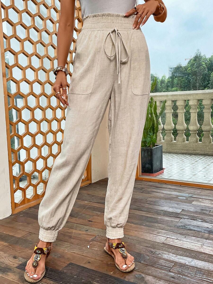 SHEIN LUNE 紙袋腰前打結雙口袋長褲 - 杏色 - 查看 1