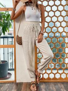 SHEIN LUNE 紙袋腰前打結雙口袋長褲 - 杏色 - 查看 4