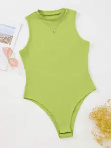 SHEIN Privé 夏季實色肋紋無袖連體服 - 青檸色 - 查看 1