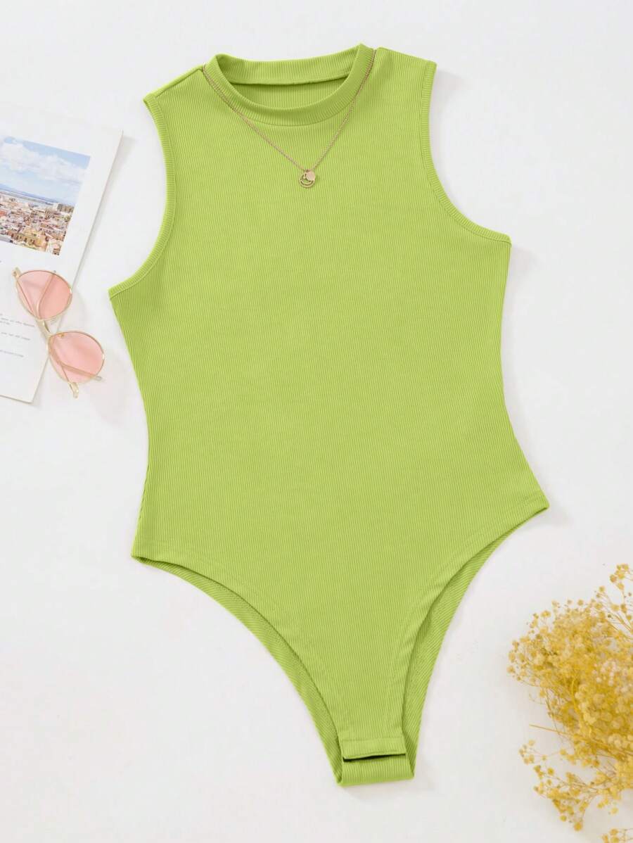 SHEIN Privé 夏季實色肋紋無袖連體服 - 青檸色 - 查看 1
