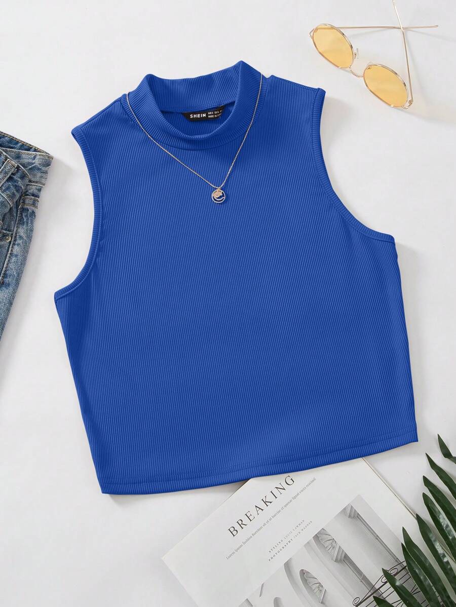 SHEIN Unity Mock Neck Crop Tank Top Without Necklace - Royal Blue - View 1
