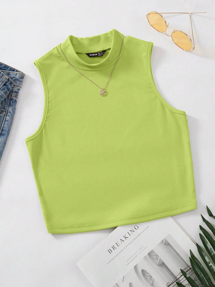 SHEIN Unity Mock Neck Crop Tank Top Without Necklace - Lime Green - View 1