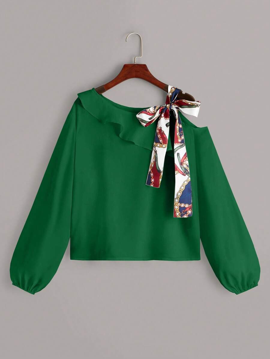 SHEIN Privé Blusa con nudo lateral ribete con fruncido de cuello asimétrico de manga farol - Verde - Ver 1