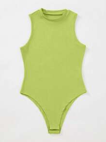 SHEIN Privé 夏季實色肋紋無袖連體服 - 青檸色 - 查看 3