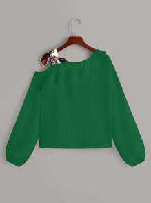 SHEIN Privé Blusa con nudo lateral ribete con fruncido de cuello asimétrico de manga farol - Verde - Ver 2
