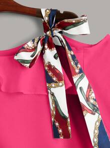 SHEIN Privé Knot Side Ruffle Trim Asymmetrical Neck Lantern Sleeve Blouse - Hot Pink - View 4