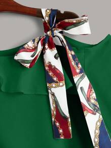 SHEIN Privé Blusa con nudo lateral ribete con fruncido de cuello asimétrico de manga farol - Verde - Ver 4