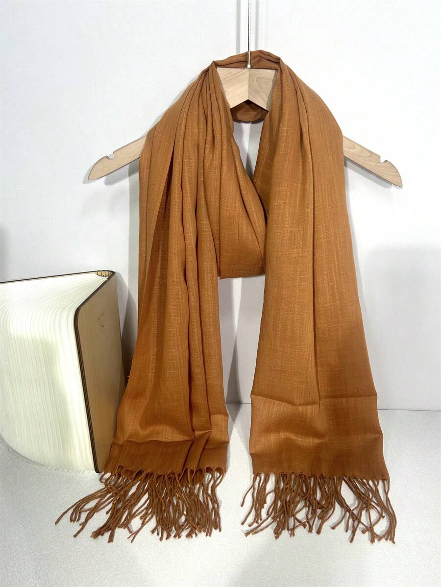 New Arrival 120g -linene Style Mono Colored Tassel Detail Warm Shawl Scarf, Perfect For Travel And Gift For Women - Camel - View 1