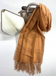 New Arrival 120g -linene Style Mono Colored Tassel Detail Warm Shawl Scarf, Perfect For Travel And Gift For Women - Camel - View 2