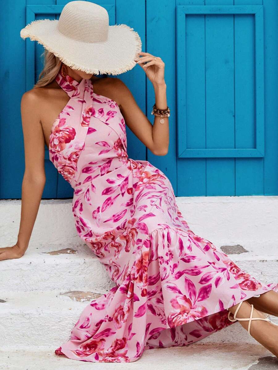 Breezaya Floral Print Halter Neck Backless Ruffle Hem Dress Maxi Vacation Beach Outfits Women - Pink - View 1