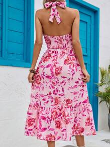 Breezaya Floral Print Halter Neck Backless Ruffle Hem Dress Maxi Vacation Beach Outfits Women - Pink - View 2