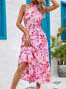 Breezaya Floral Print Halter Neck Backless Ruffle Hem Dress Maxi Vacation Beach Outfits Women - Pink - View 3